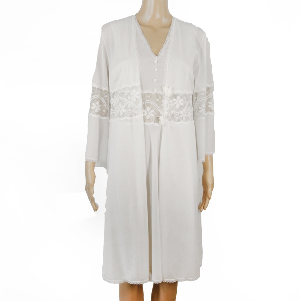 Vintage 60s 70s Retro White Lace Night Slip Dress w Matching Robe